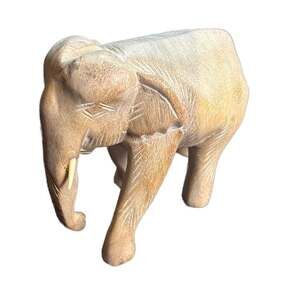 Vintage Hand Carved Solid Wood African Elephant Figurine Statue with Tusks